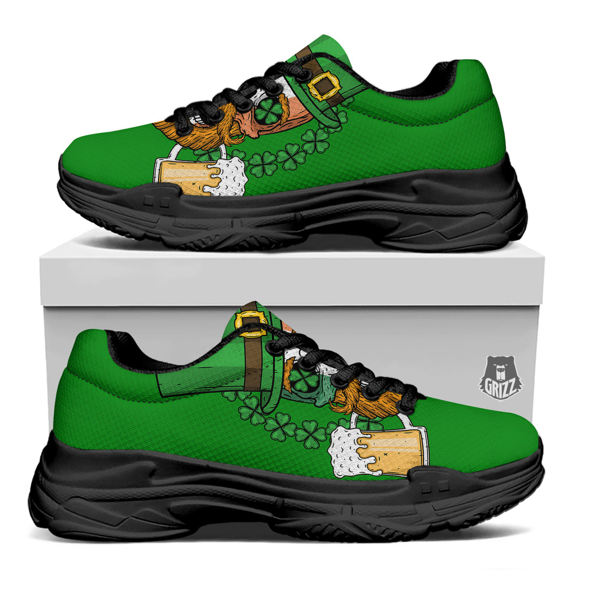 Beer And Clover St. Patrick's Day Print Black Chunky Shoes-grizzshop