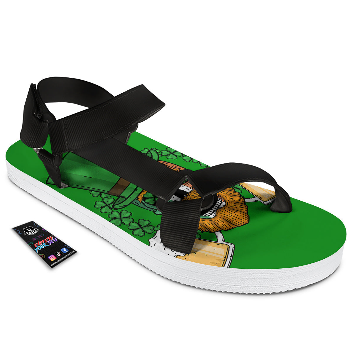 Beer And Clover St. Patrick's Day Print Black Open Toe Sandals-grizzshop