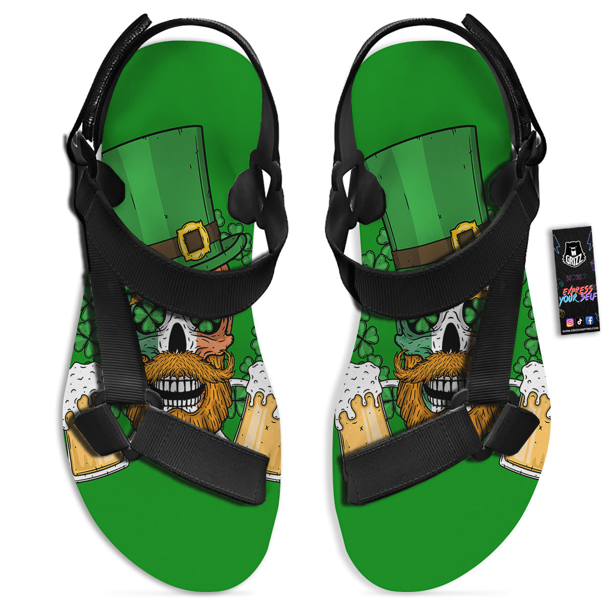 Beer And Clover St. Patrick's Day Print Black Open Toe Sandals-grizzshop