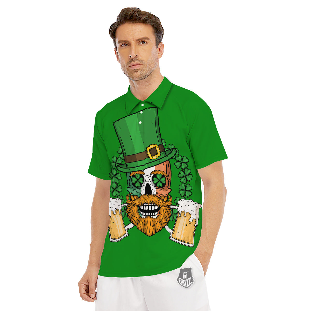 Beer And Clover St. Patrick's Day Print Men's Golf Shirts-grizzshop