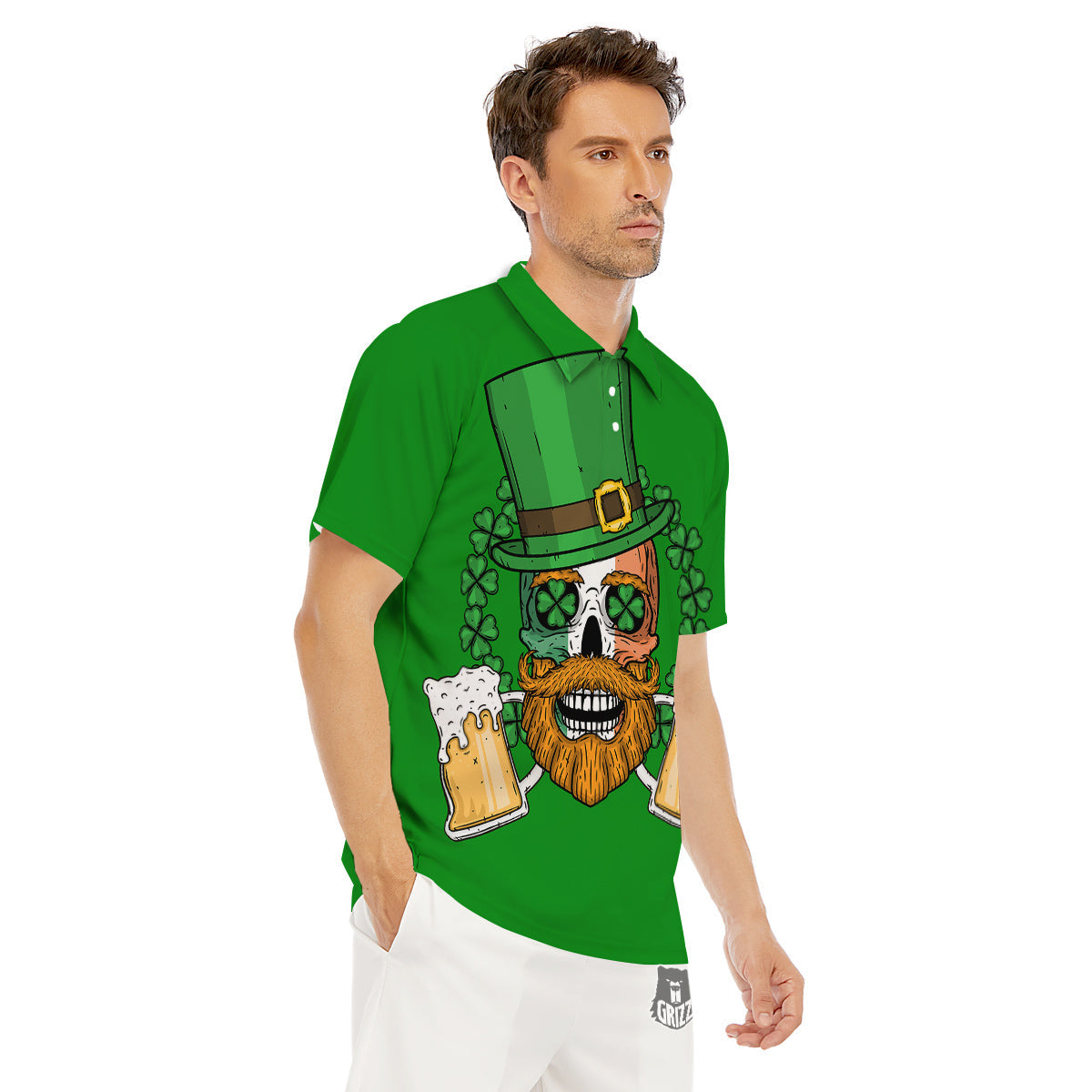 Beer And Clover St. Patrick's Day Print Men's Golf Shirts-grizzshop
