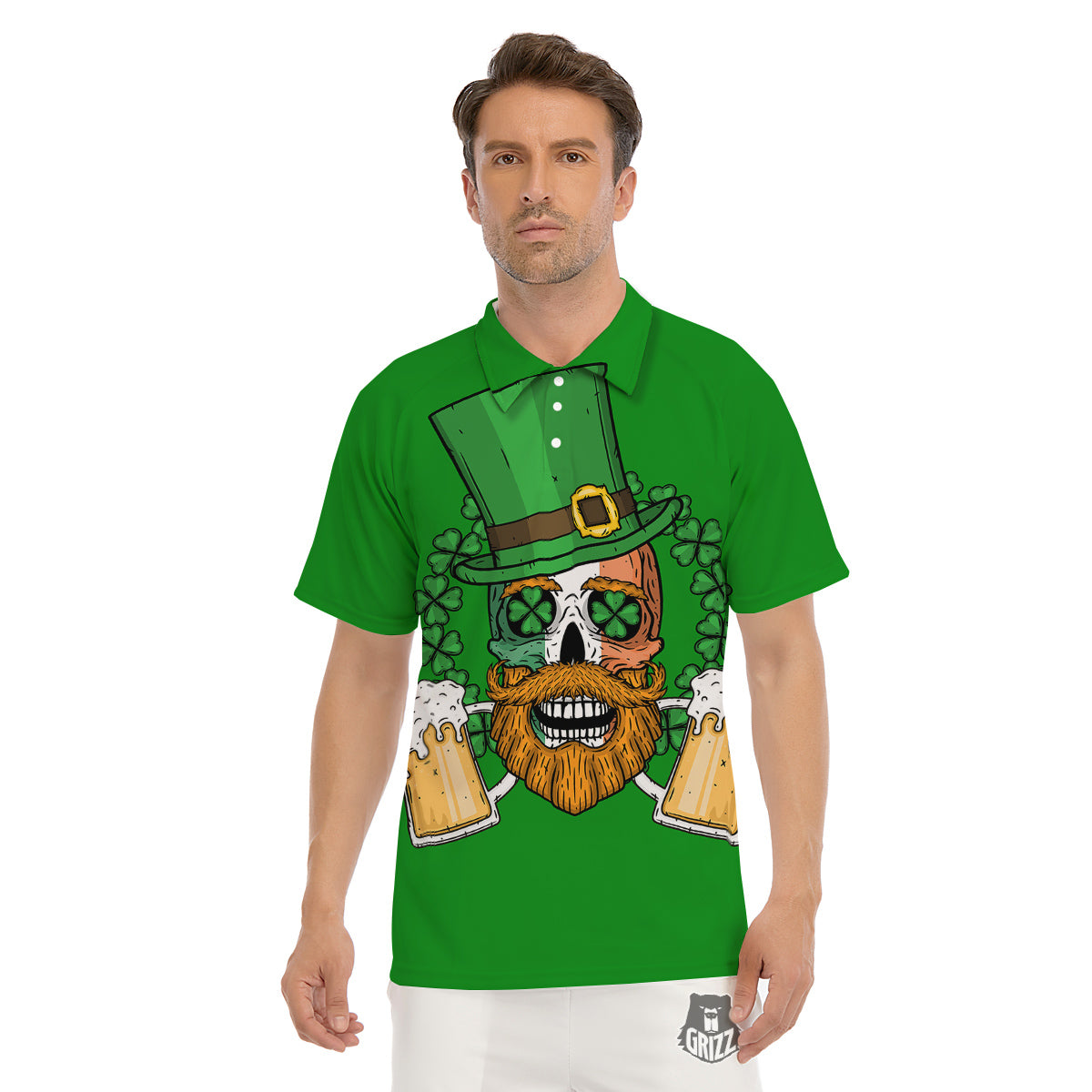 Beer And Clover St. Patrick's Day Print Men's Golf Shirts-grizzshop