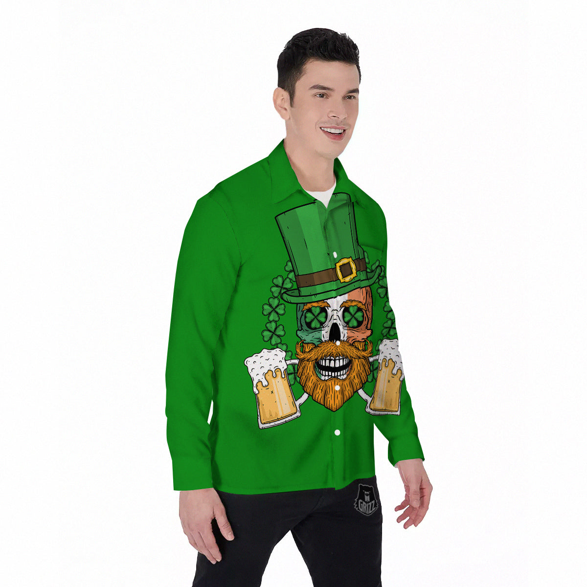 Beer And Clover St. Patrick's Day Print Men's Long Sleeve Shirts-grizzshop