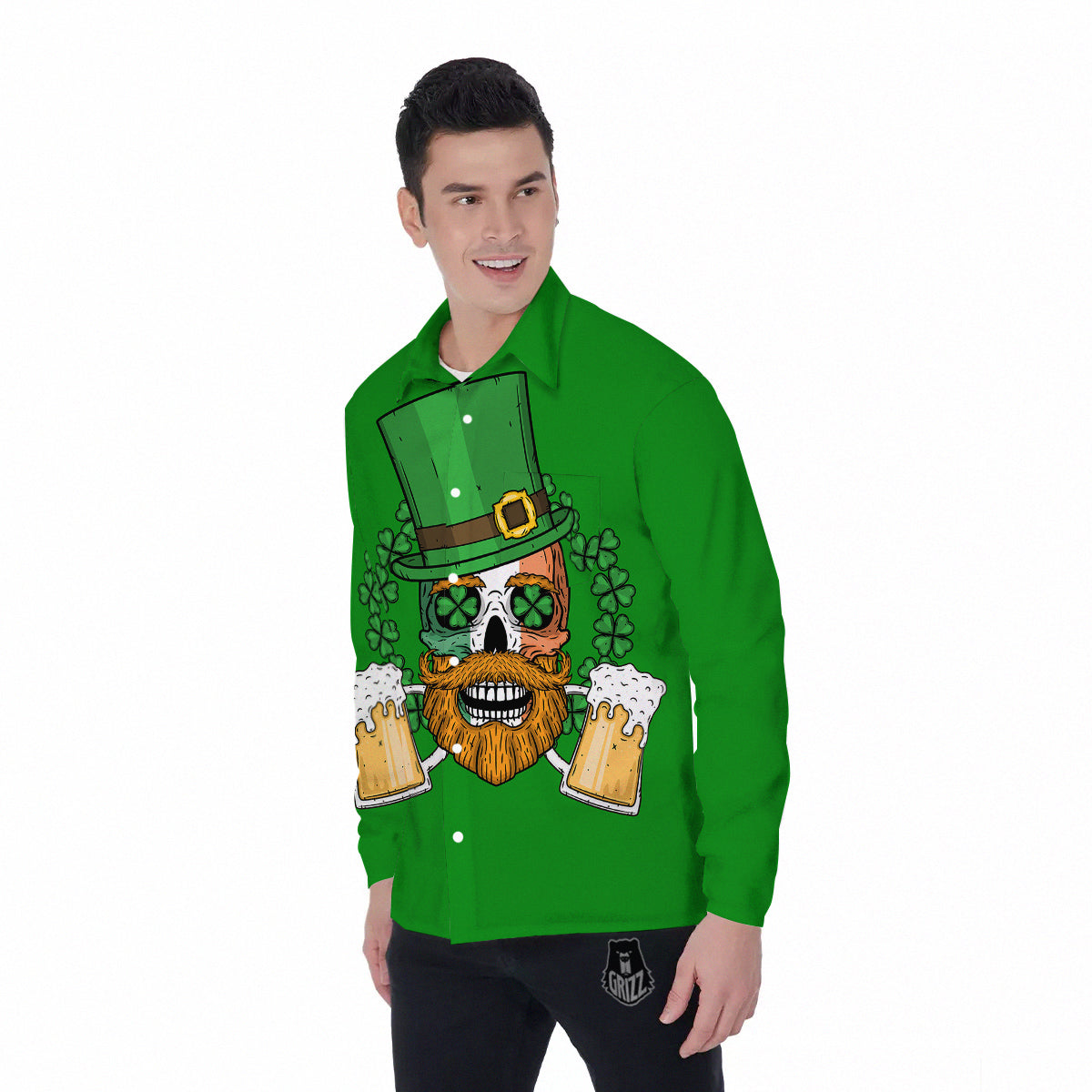 Beer And Clover St. Patrick's Day Print Men's Long Sleeve Shirts-grizzshop