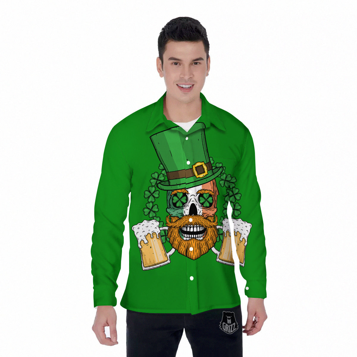 Beer And Clover St. Patrick's Day Print Men's Long Sleeve Shirts-grizzshop