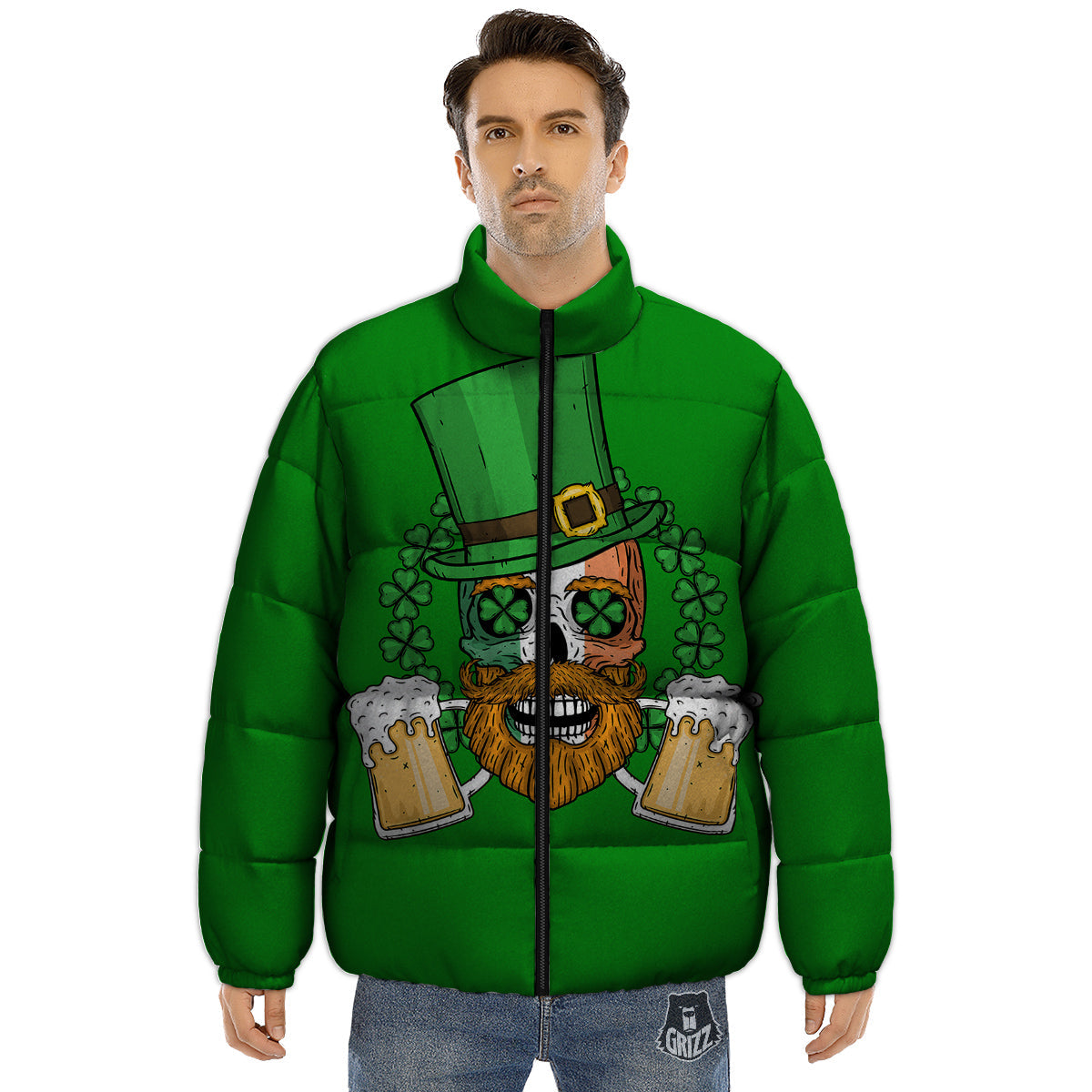 Beer And Clover St. Patrick's Day Print Puffer Jacket-grizzshop