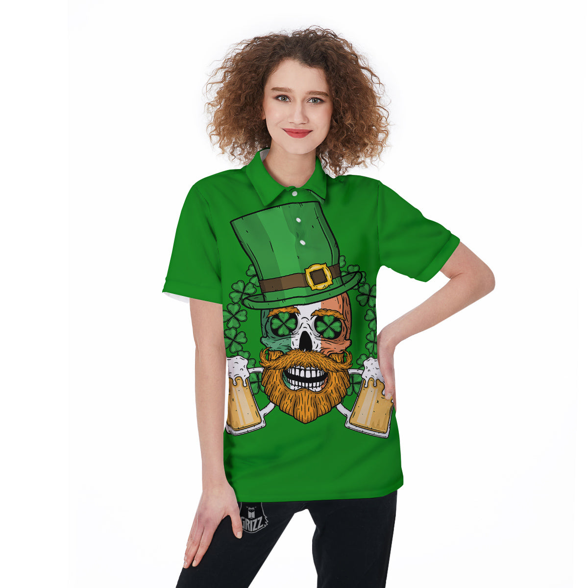 Beer And Clover St. Patrick's Day Print Women's Golf Shirts-grizzshop