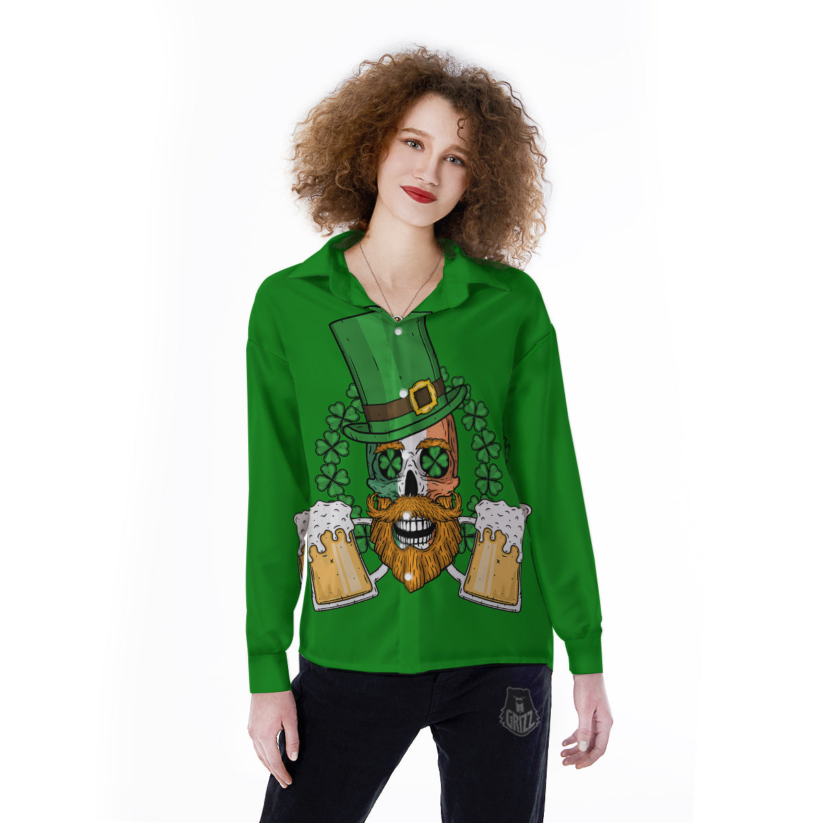 Beer And Clover St. Patrick's Day Print Women's Long Sleeve Shirts-grizzshop