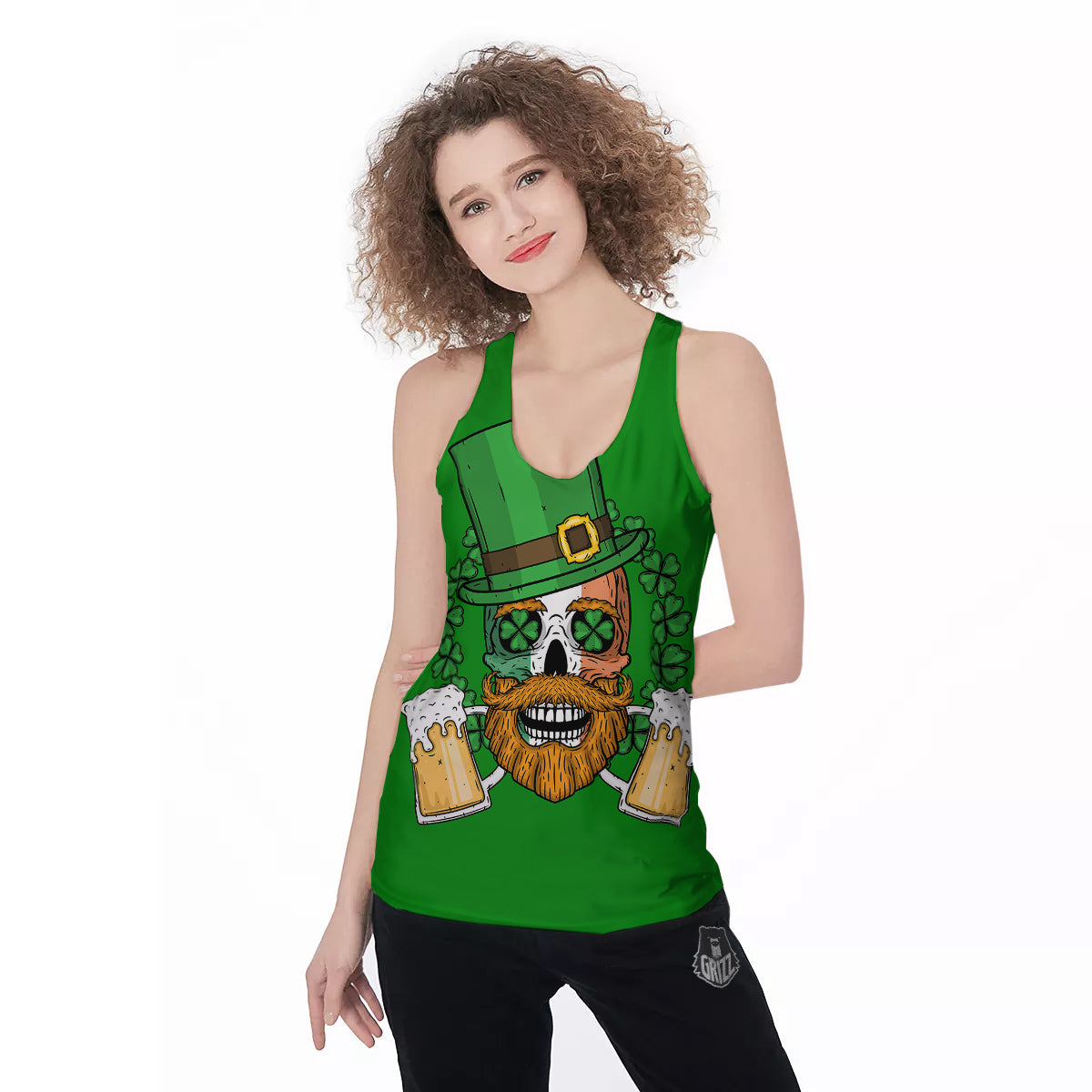 Beer And Clover St. Patrick's Day Print Women's Racerback Tank Top-grizzshop