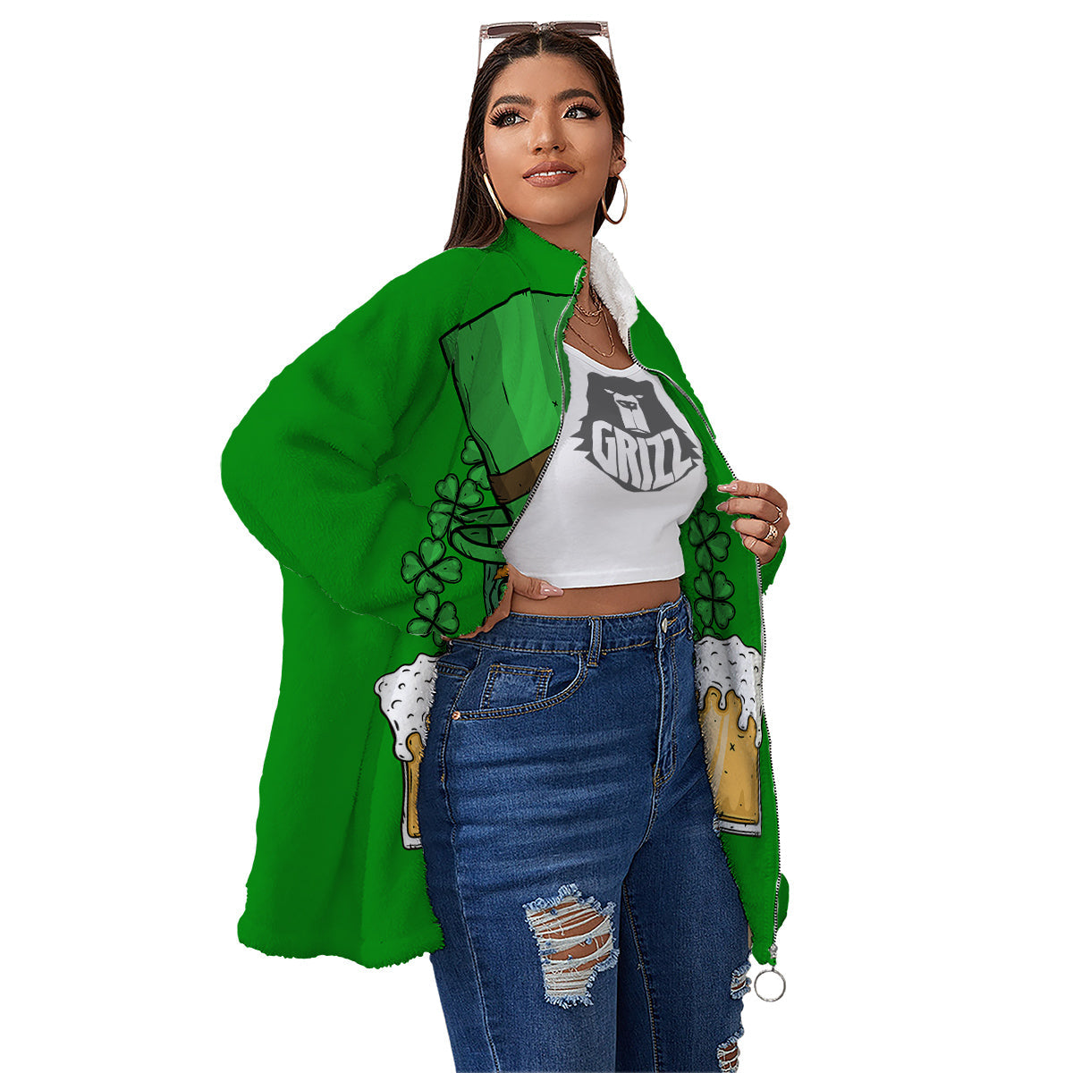 Beer And Clover St. Patrick's Day Print Women's Sherpa Jacket-grizzshop