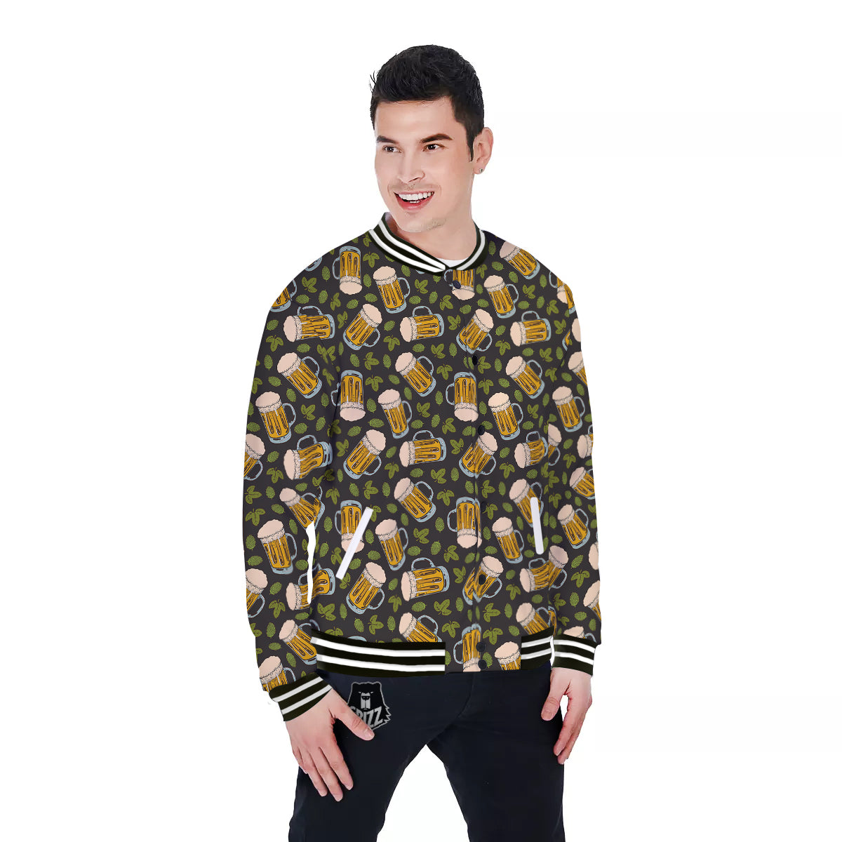 Beer And Hop Cone Leaf Print Pattern Baseball Jacket-grizzshop