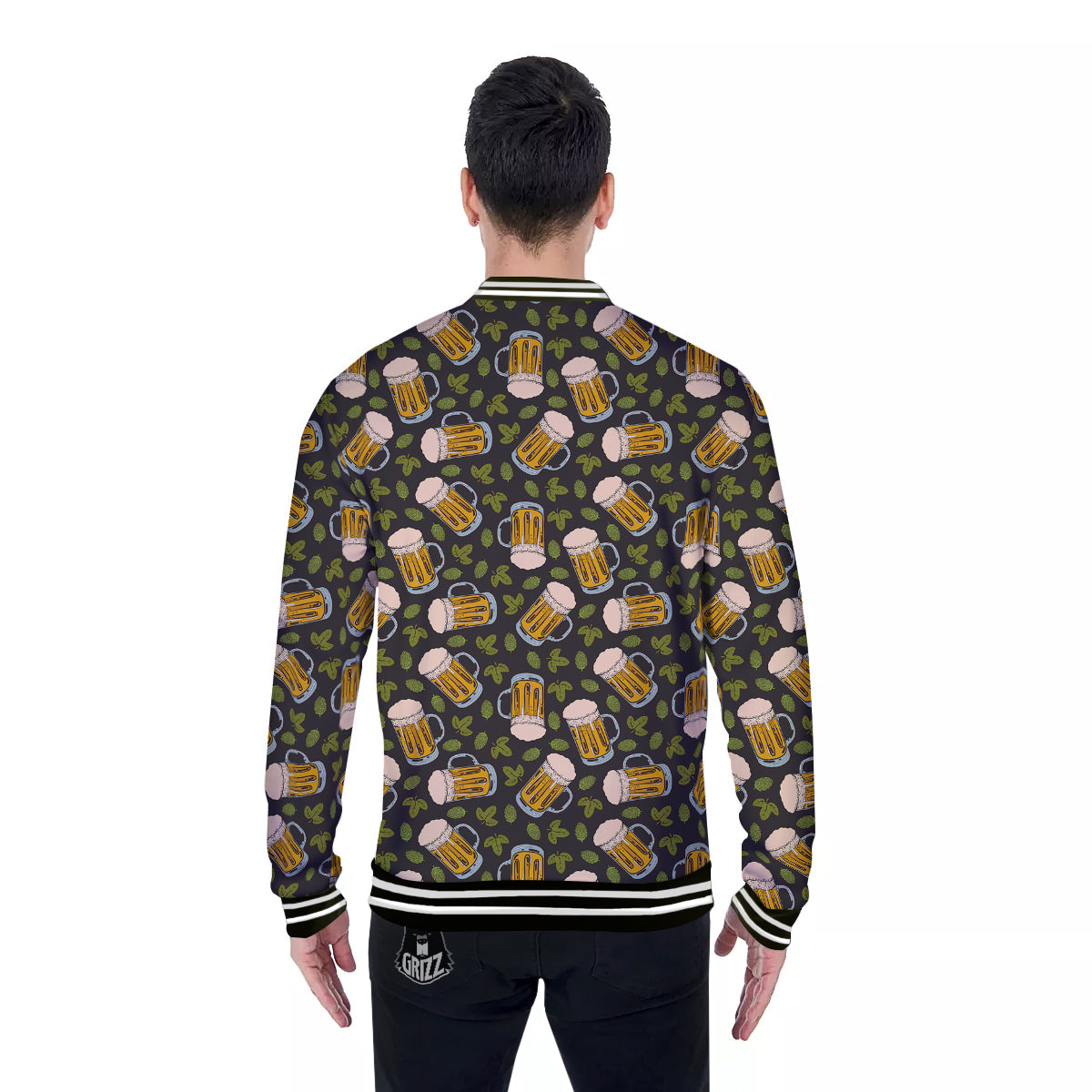 Beer And Hop Cone Leaf Print Pattern Baseball Jacket-grizzshop