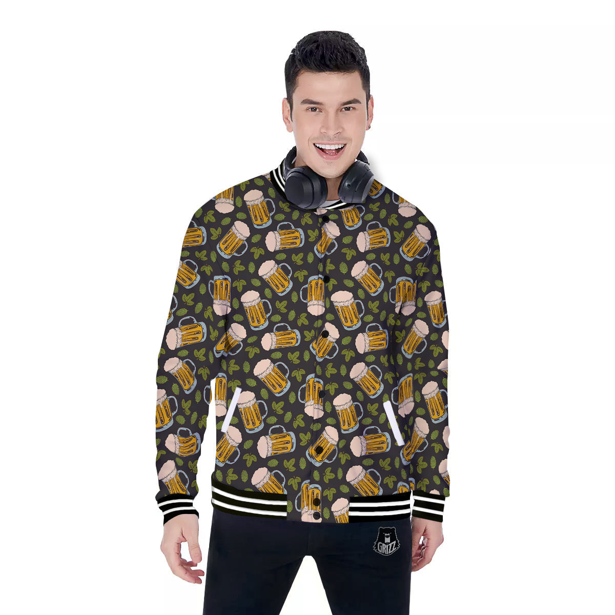 Beer And Hop Cone Leaf Print Pattern Baseball Jacket-grizzshop
