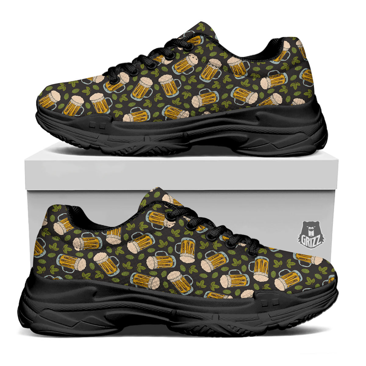 Beer And Hop Cone Leaf Print Pattern Black Chunky Shoes-grizzshop