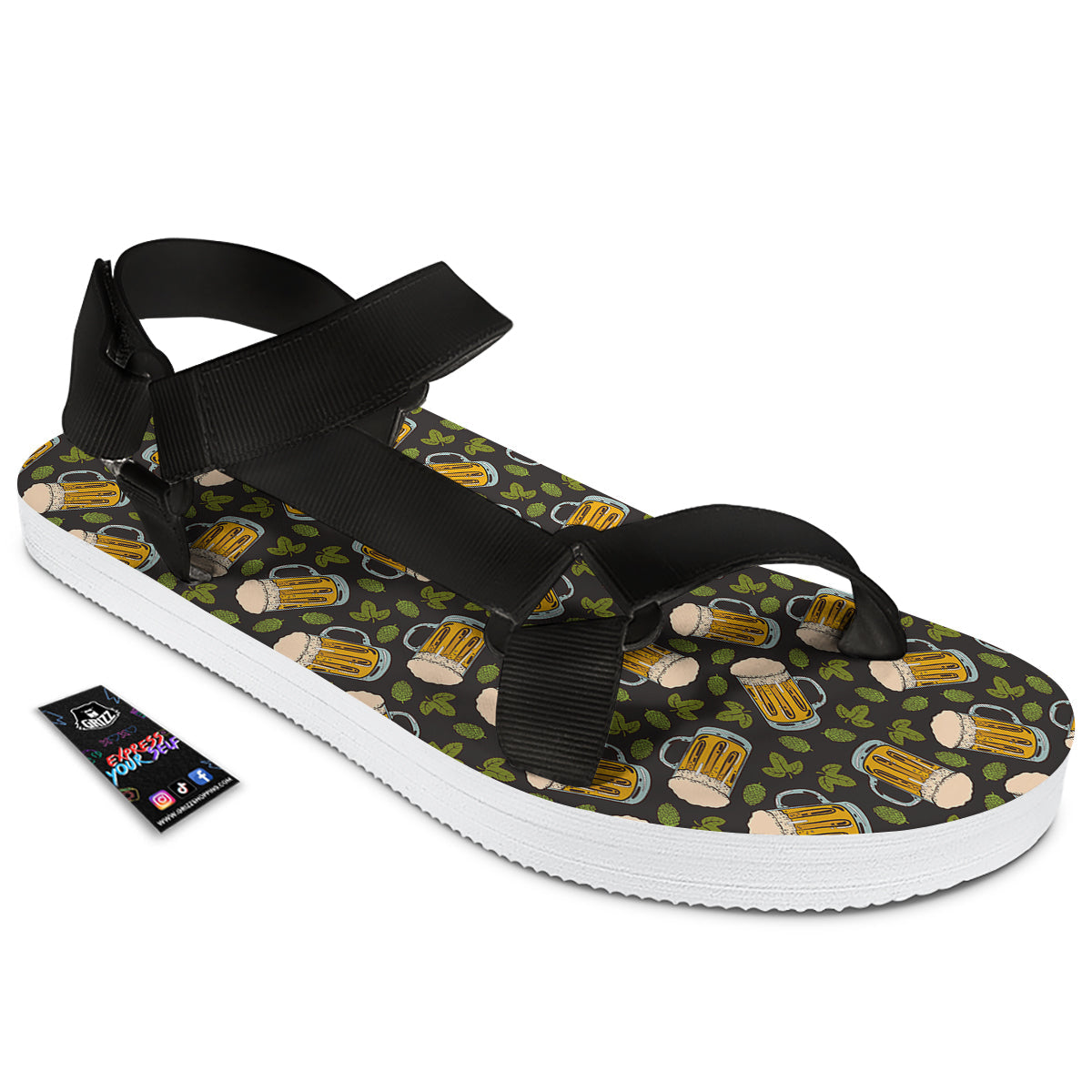 Beer And Hop Cone Leaf Print Pattern Black Open Toe Sandals-grizzshop