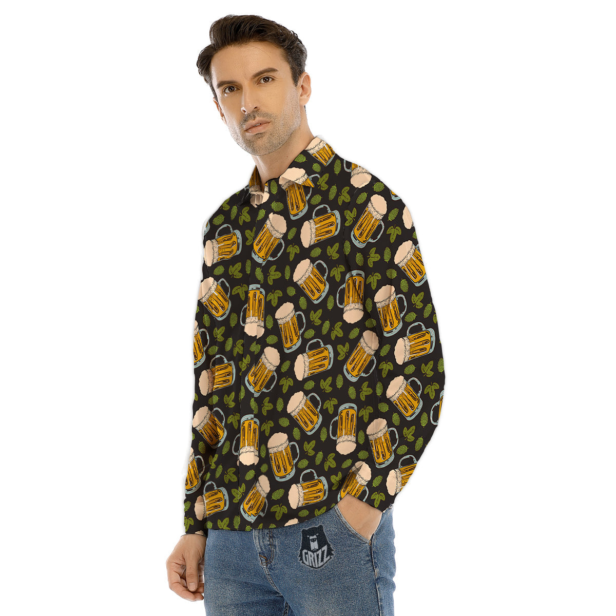 Beer And Hop Cone Leaf Print Pattern Men's Dress Shirts-grizzshop