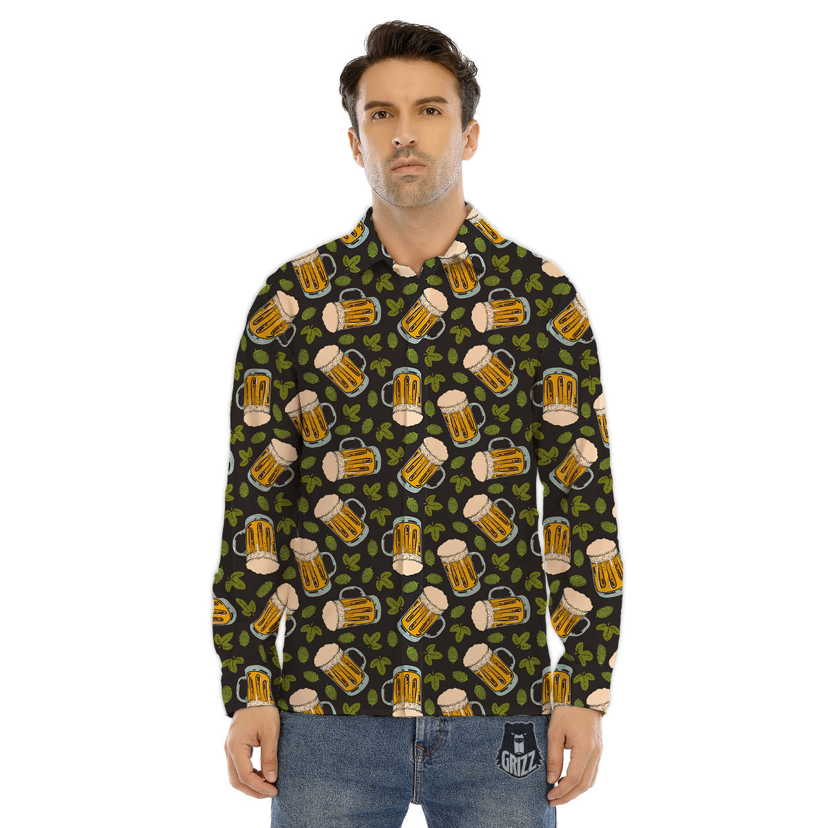 Beer And Hop Cone Leaf Print Pattern Men's Dress Shirts-grizzshop