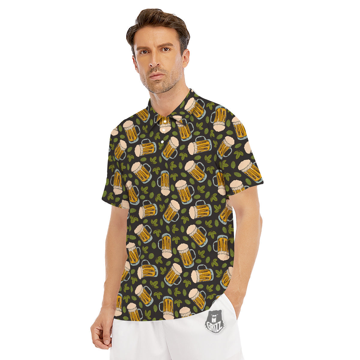 Beer And Hop Cone Leaf Print Pattern Men's Golf Shirts-grizzshop