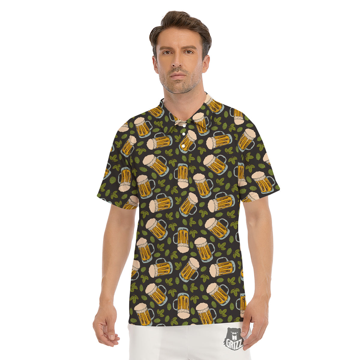 Beer And Hop Cone Leaf Print Pattern Men's Golf Shirts-grizzshop