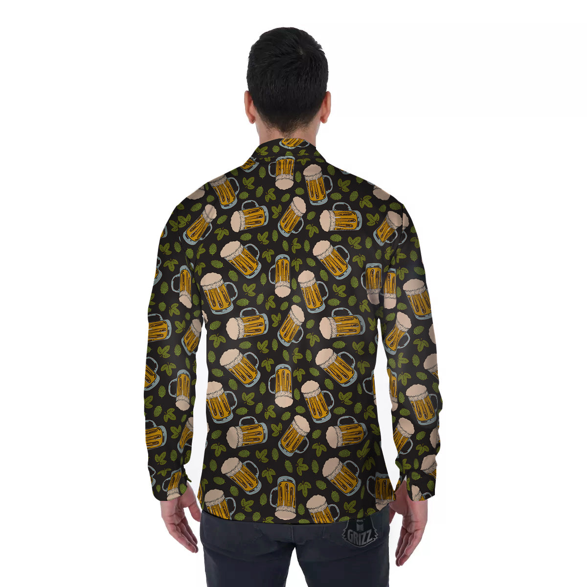 Beer And Hop Cone Leaf Print Pattern Men's Long Sleeve Shirts-grizzshop