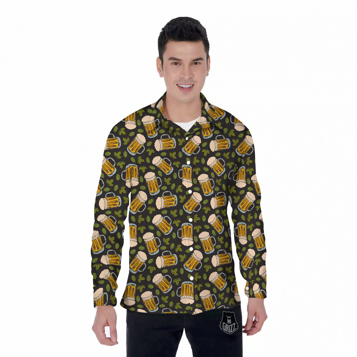Beer And Hop Cone Leaf Print Pattern Men's Long Sleeve Shirts-grizzshop