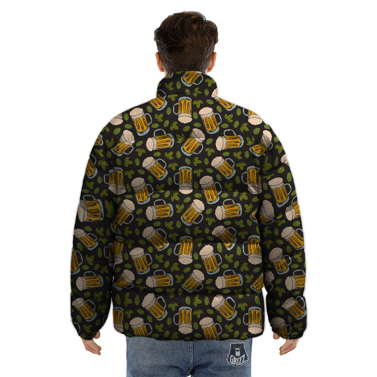 Beer And Hop Cone Leaf Print Pattern Puffer Jacket-grizzshop