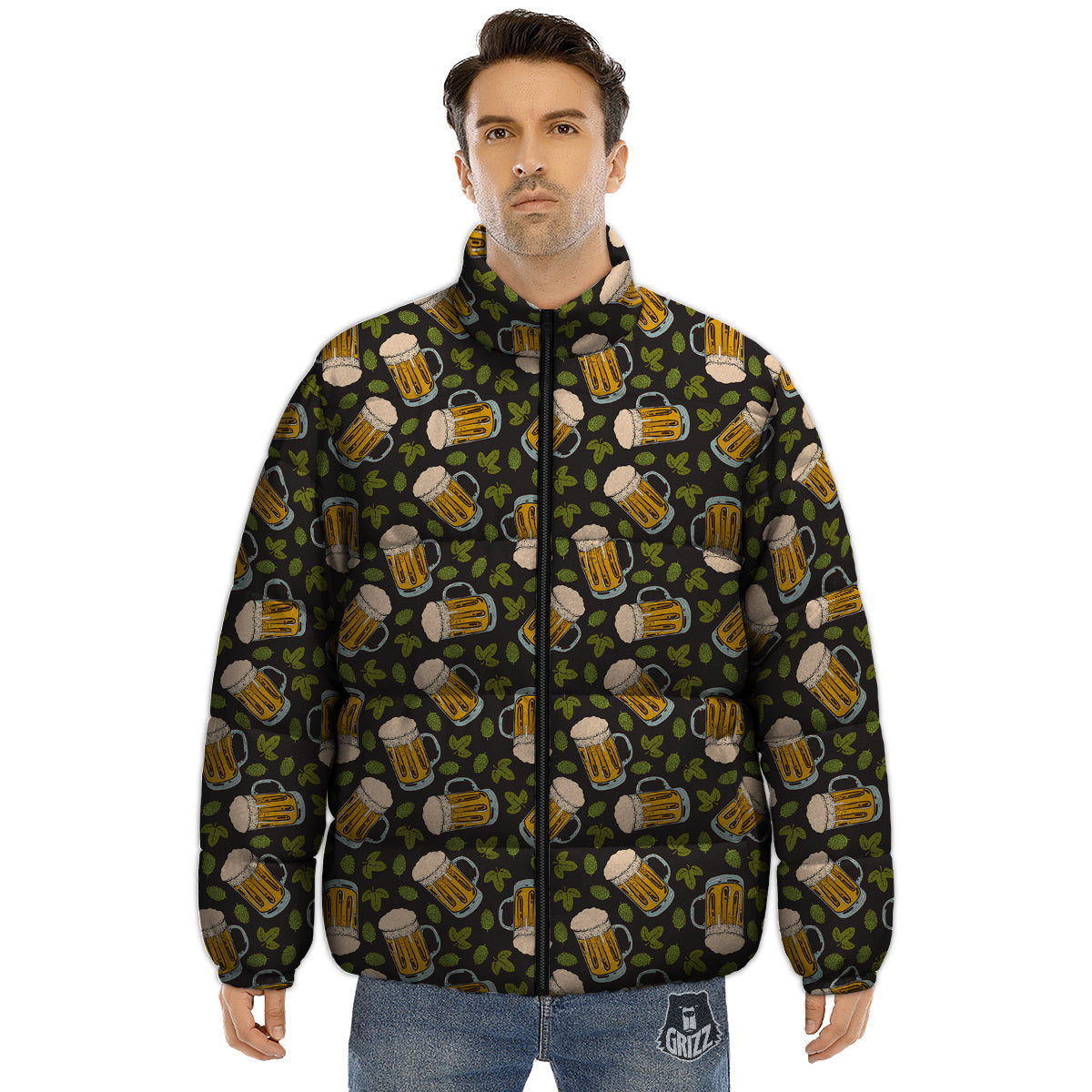 Beer And Hop Cone Leaf Print Pattern Puffer Jacket-grizzshop