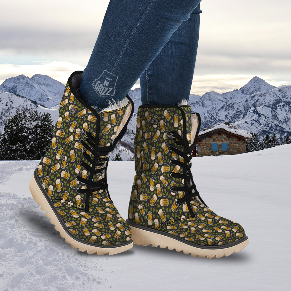 Beer And Hop Cone Leaf Print Pattern Snow Boots-grizzshop