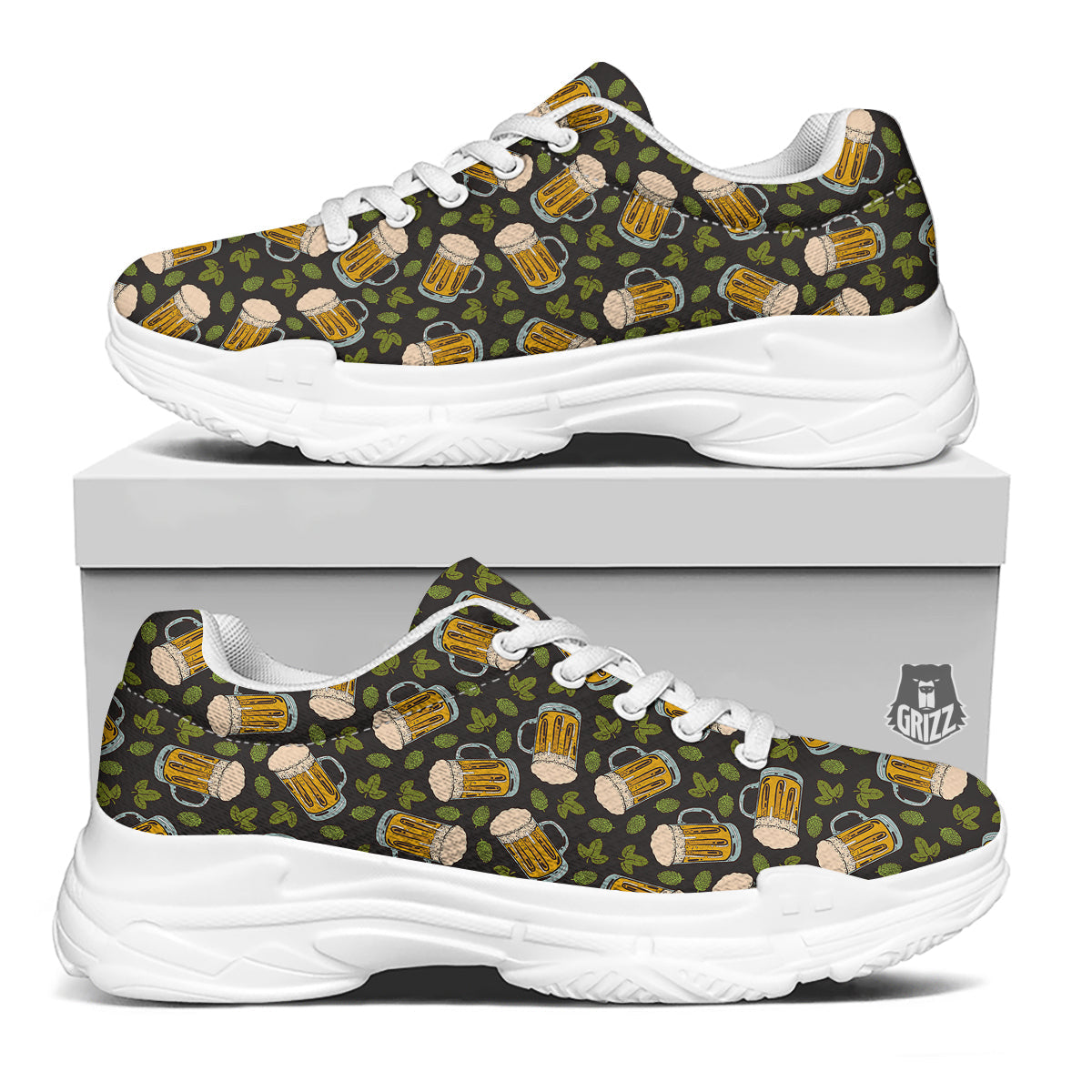 Beer And Hop Cone Leaf Print Pattern White Chunky Shoes-grizzshop