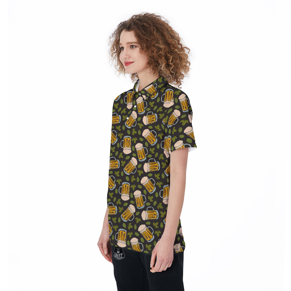 Beer And Hop Cone Leaf Print Pattern Women's Golf Shirts-grizzshop