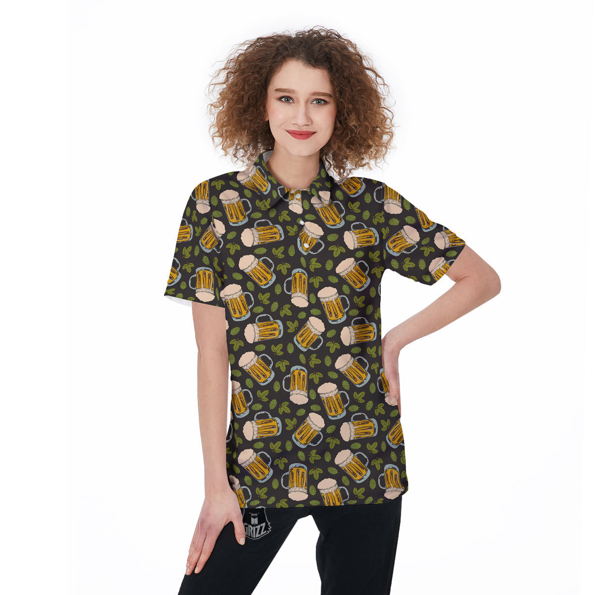 Beer And Hop Cone Leaf Print Pattern Women's Golf Shirts-grizzshop