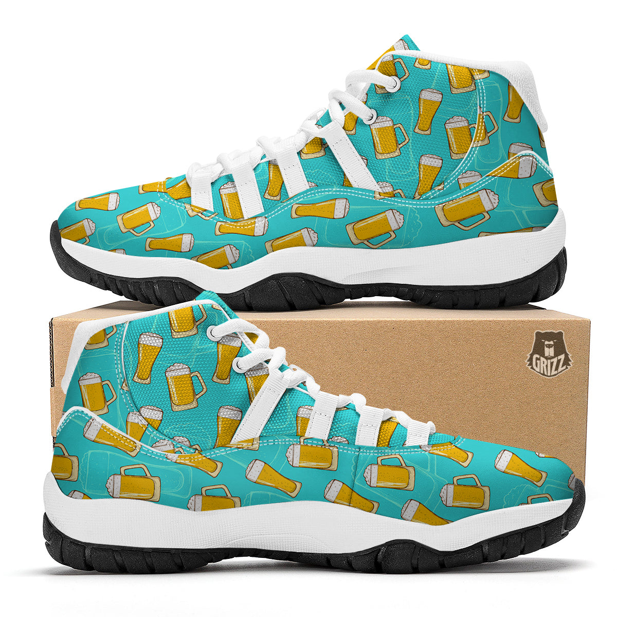 Beer Blue Pattern Print White Bball Shoes-grizzshop
