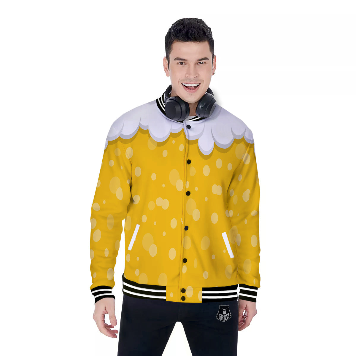 Beer Foam And Bubbles Cartoon Print Baseball Jacket-grizzshop