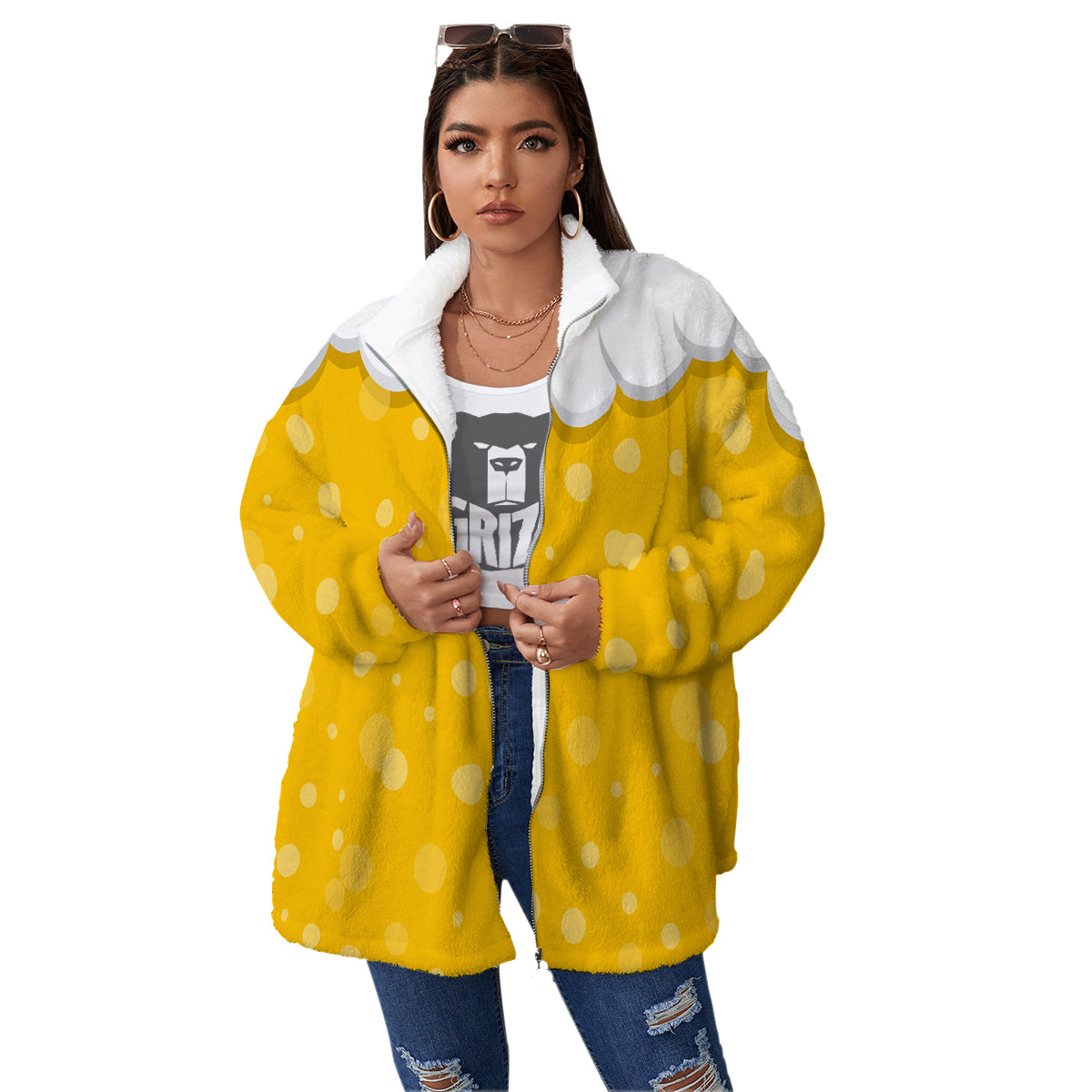 Beer Foam And Bubbles Cartoon Print Women's Sherpa Jacket-grizzshop
