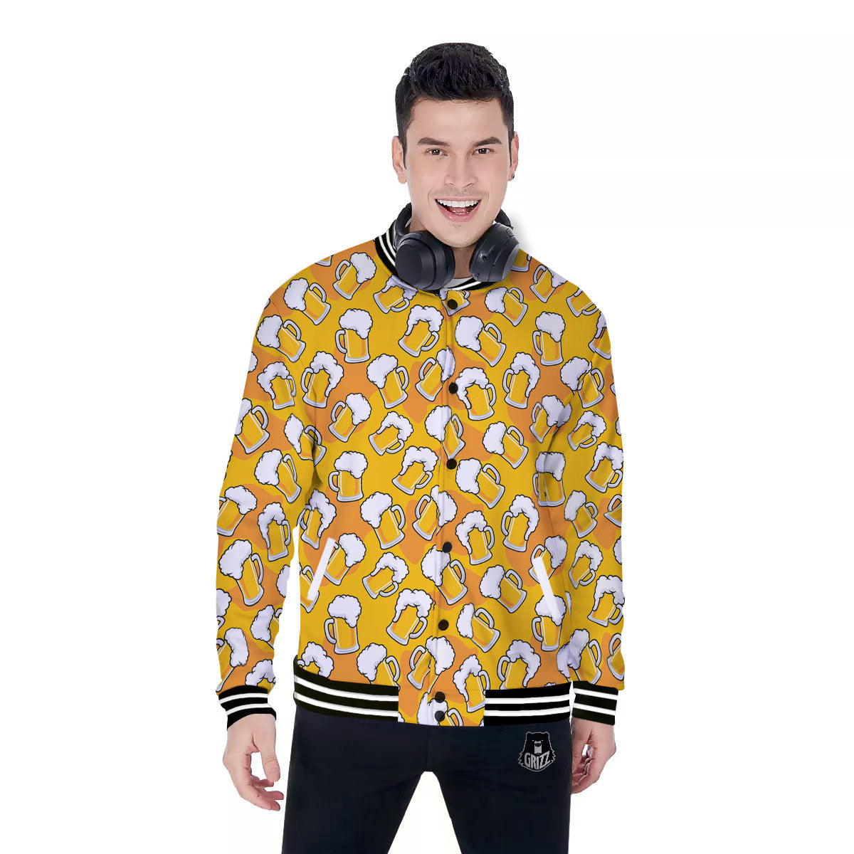 Beer Mug Pattern Print Baseball Jacket-grizzshop