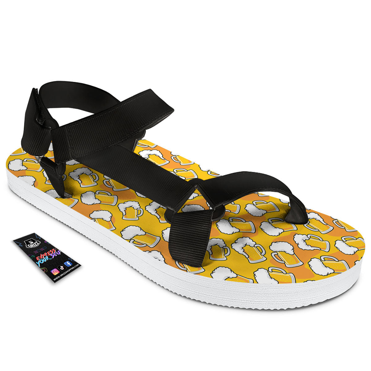 Beer Mug Pattern Print Black Open Toe Sandals-grizzshop
