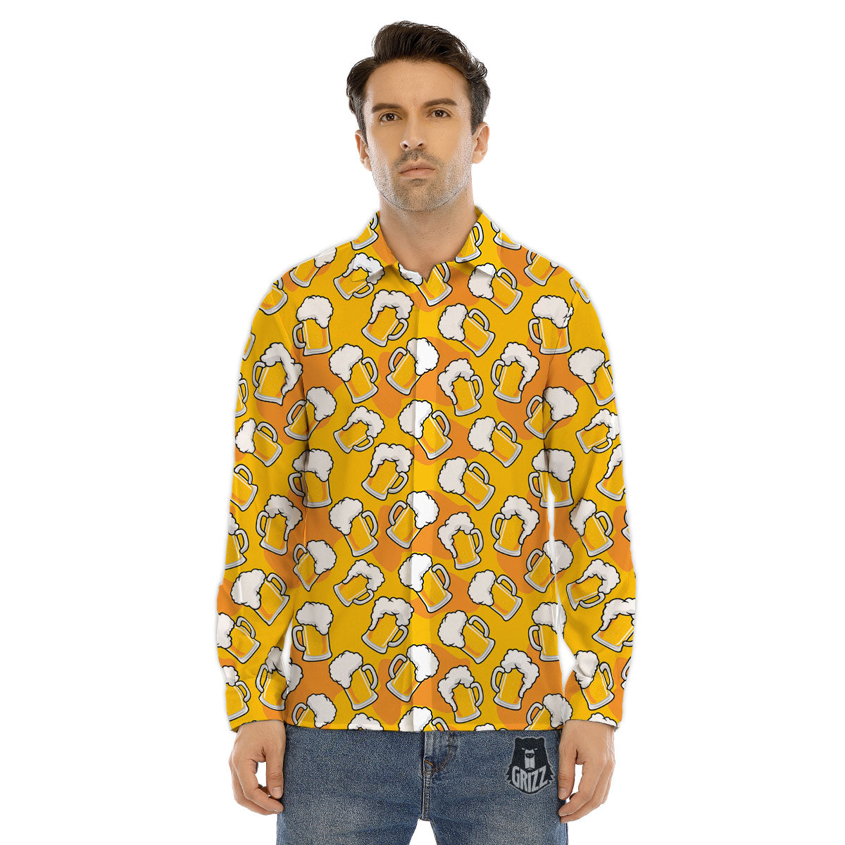 Beer Mug Pattern Print Men's Dress Shirts-grizzshop