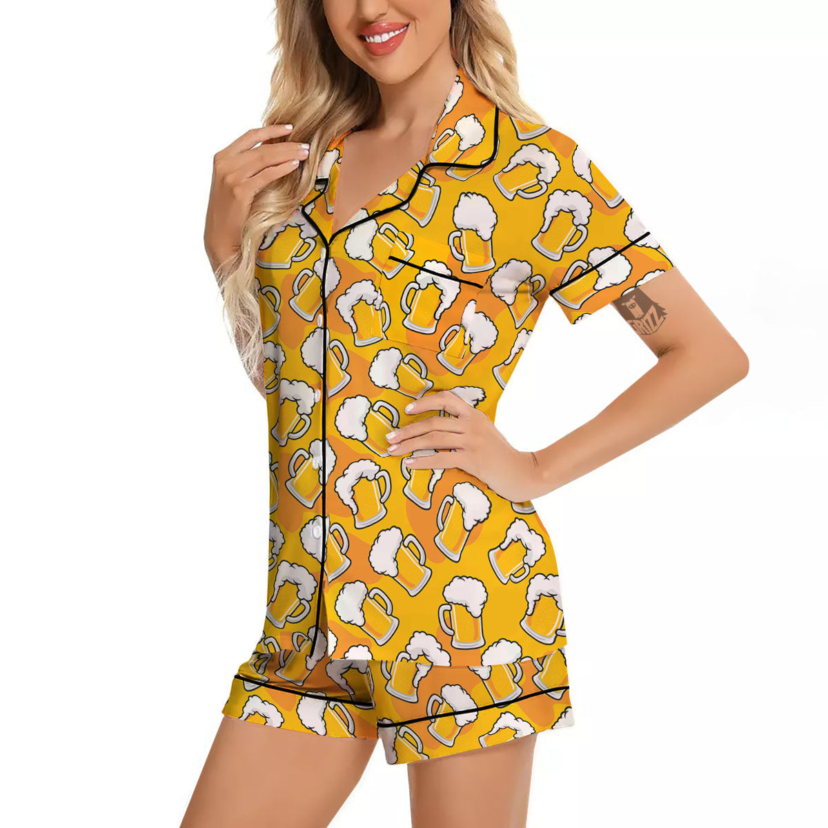 Beer Mug Pattern Print Women Silk Pajamas-grizzshop