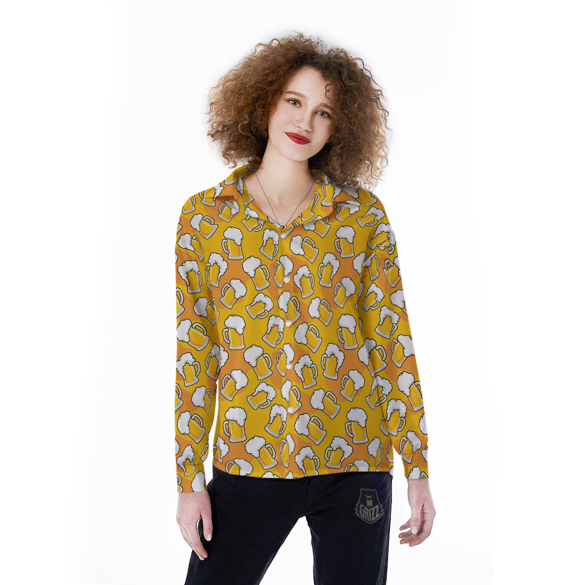 Beer Mug Pattern Print Women's Long Sleeve Shirts-grizzshop