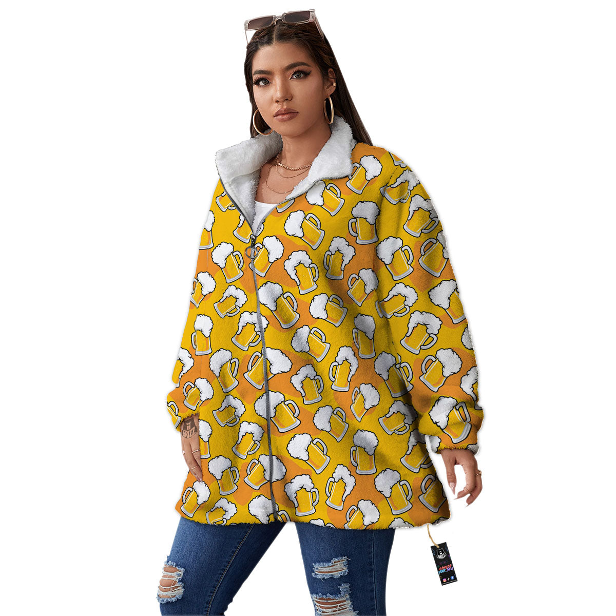 Beer Mug Pattern Print Women's Sherpa Jacket-grizzshop