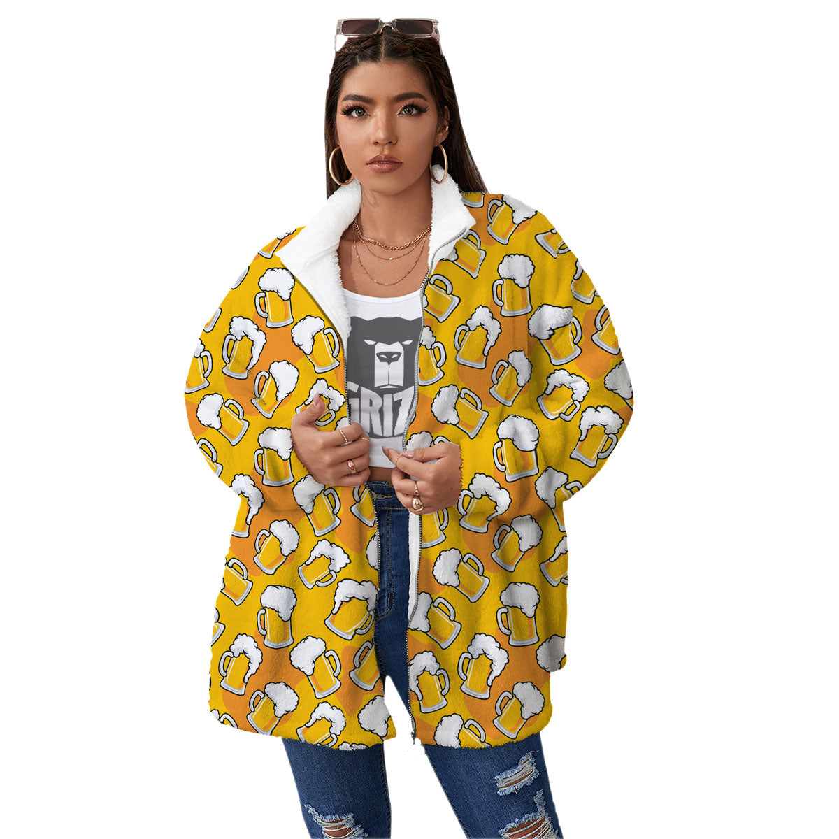Beer Mug Pattern Print Women's Sherpa Jacket-grizzshop