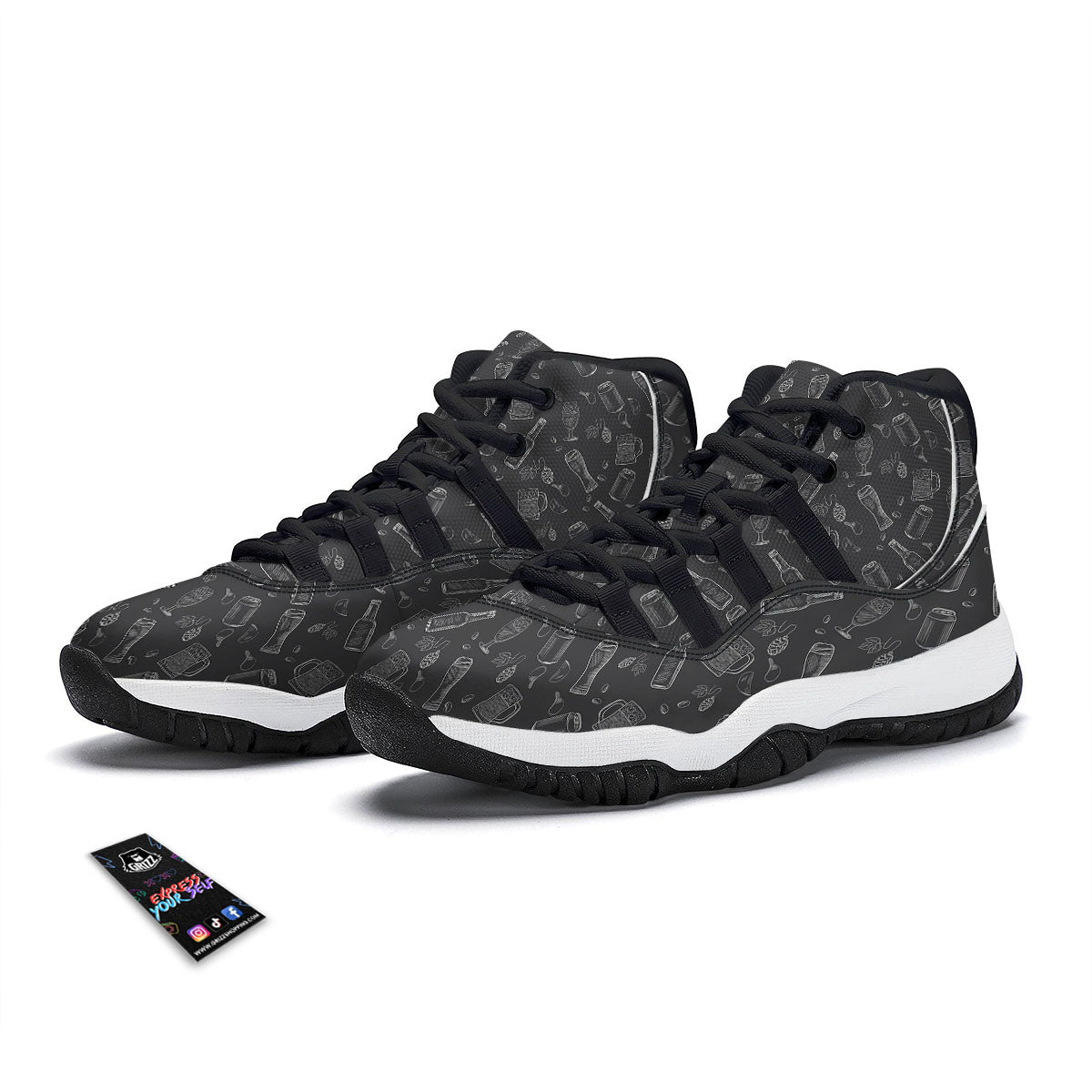 Beer White And Black Print Pattern Black Bball Shoes-grizzshop