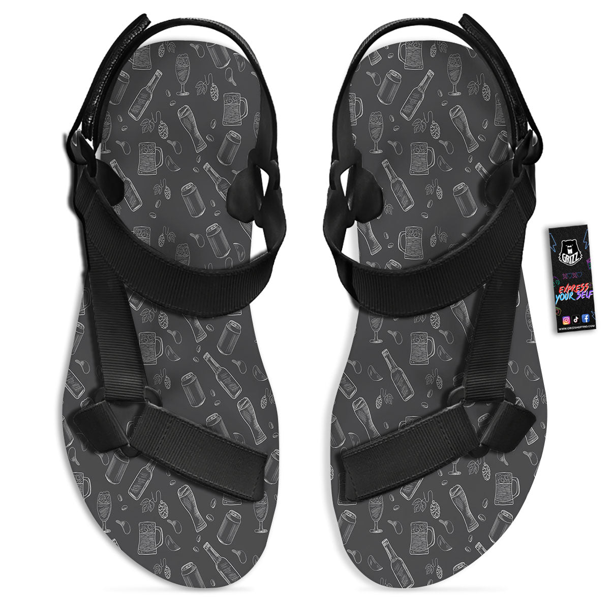 Beer White And Black Print Pattern Black Open Toe Sandals-grizzshop
