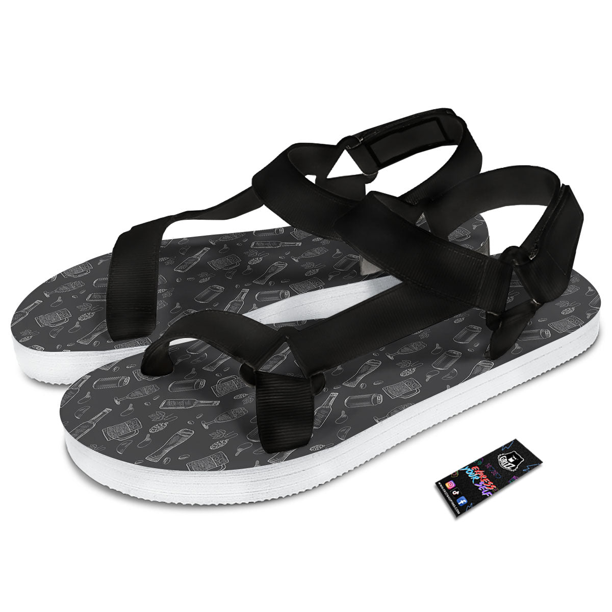 Beer White And Black Print Pattern Black Open Toe Sandals-grizzshop