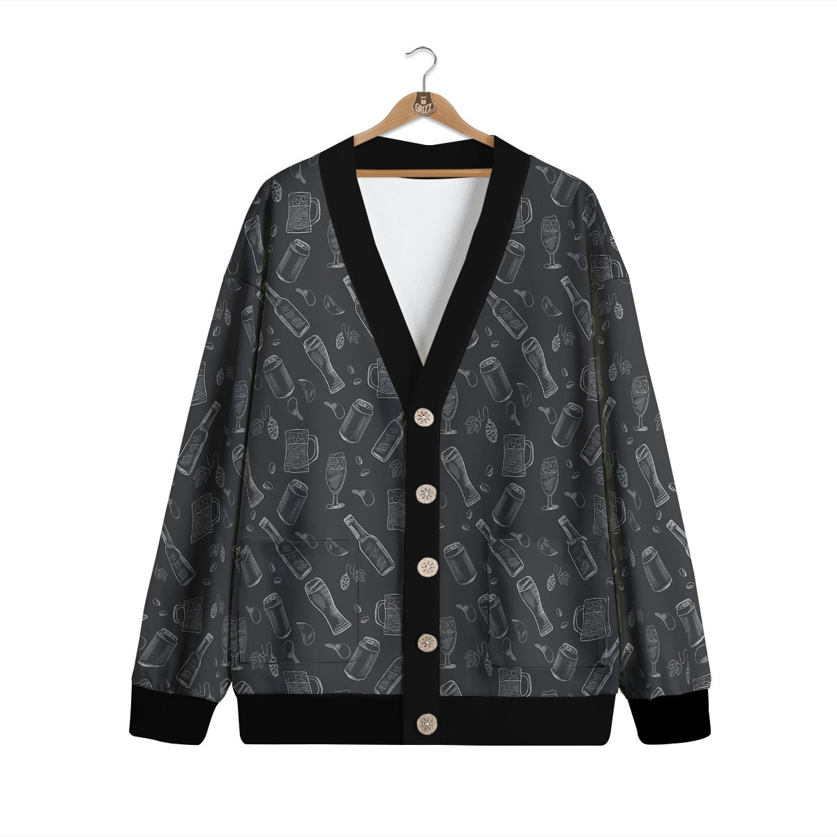 Beer White And Black Print Pattern Cardigan-grizzshop