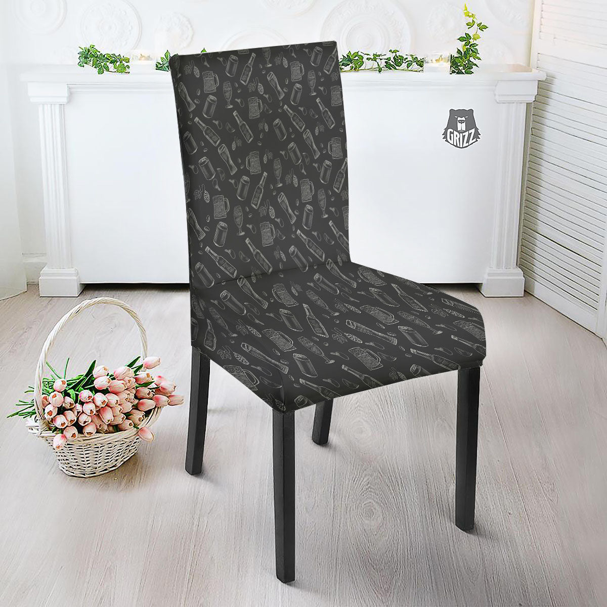 Beer White And Black Print Pattern Dining Chair Slipcover-grizzshop