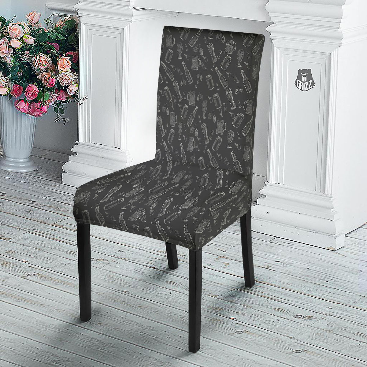 Beer White And Black Print Pattern Dining Chair Slipcover-grizzshop