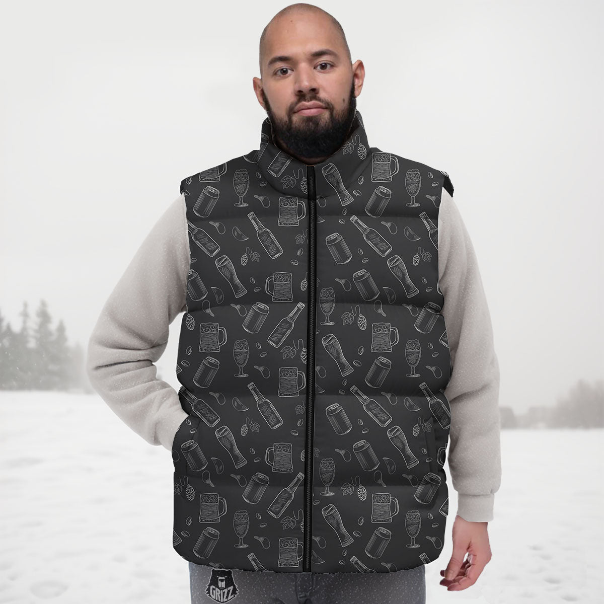 Beer White And Black Print Pattern Down Vest