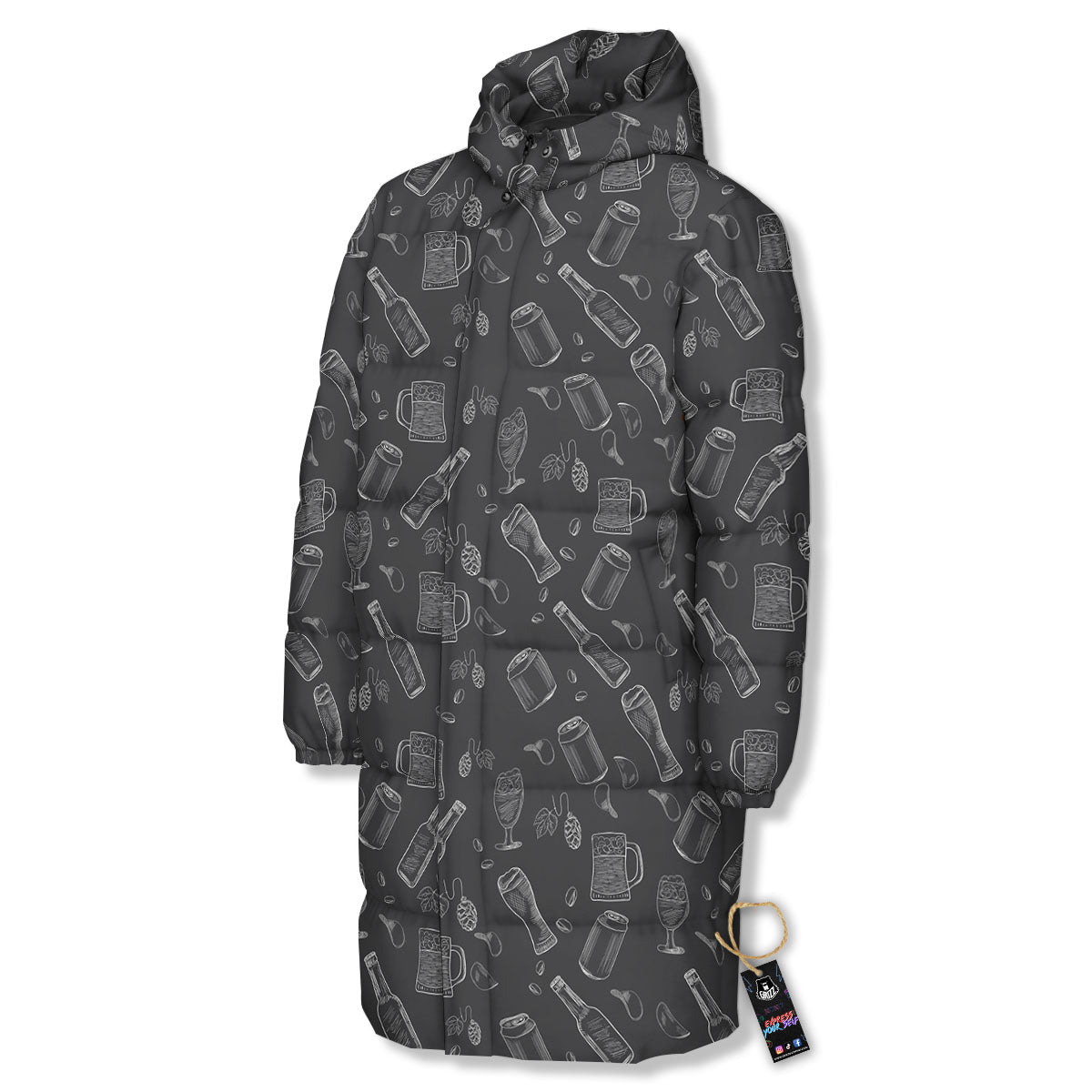 Beer White And Black Print Pattern Long Down Jacket-grizzshop