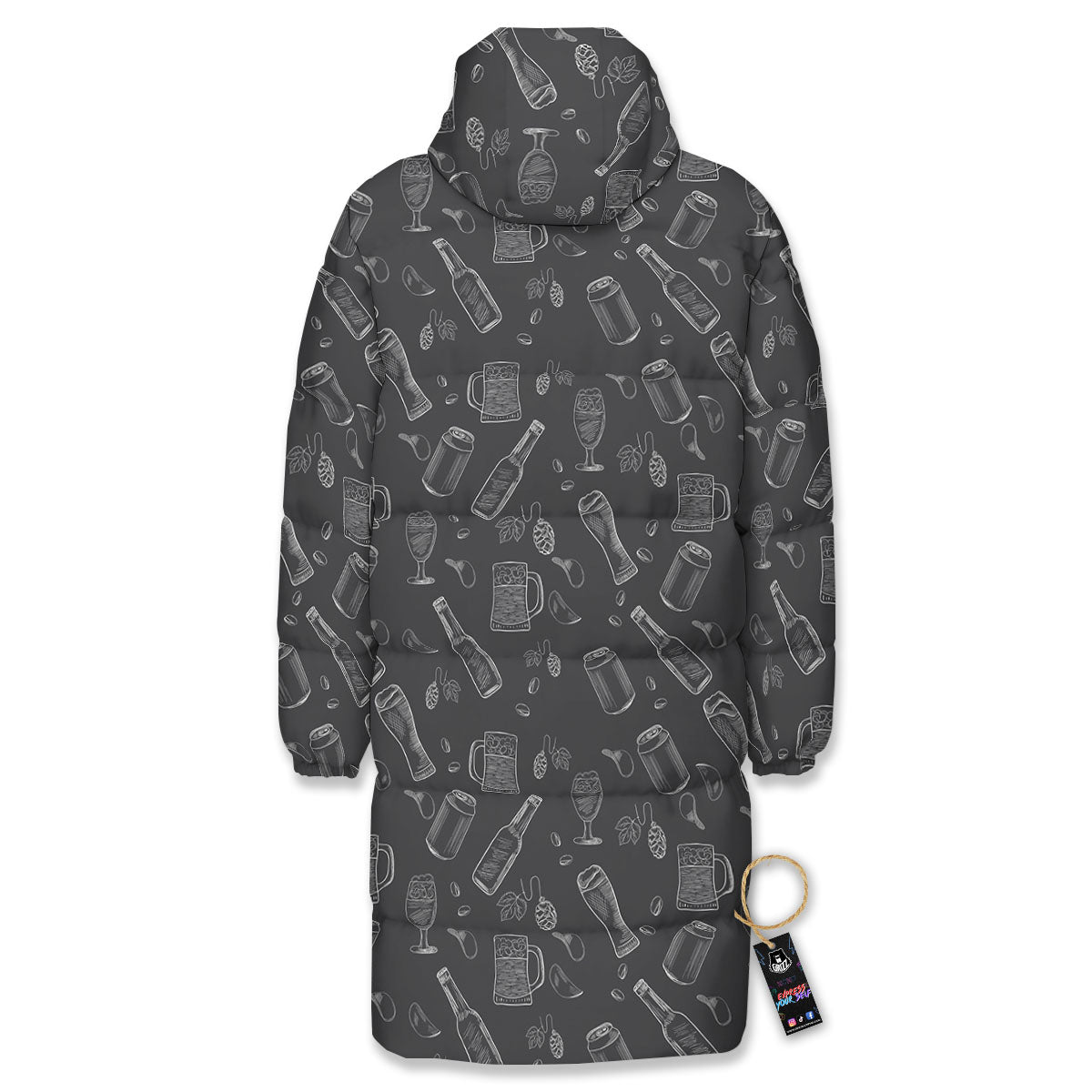 Beer White And Black Print Pattern Long Down Jacket-grizzshop